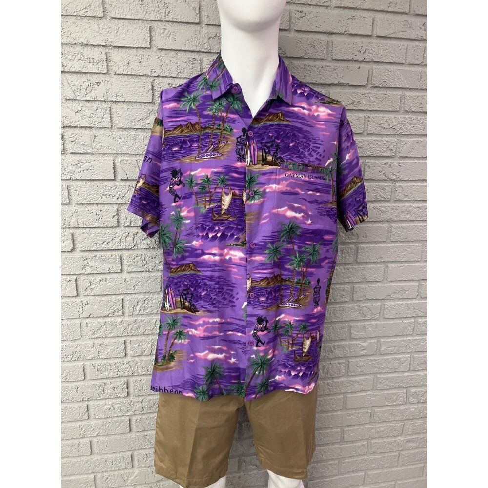Paradise Men Purple Cayman Islands Tropical Short Sleeve Shirt Size L
